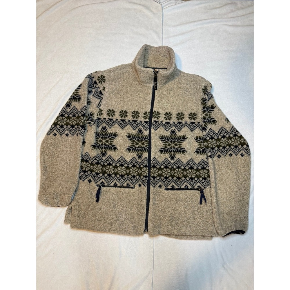 Woolrich Vintage 80s Snowflake Full Zip Fleece Sweater Womens M Beige USA Made